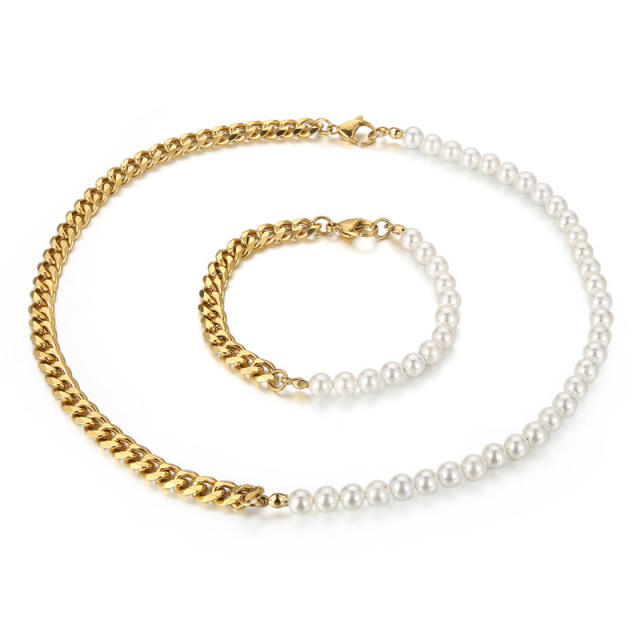 Stainless steel cuban link chain pearl bead Asymmetric necklace