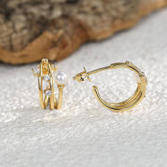 Personality three circle pearl cubic zircon copper studs earrings