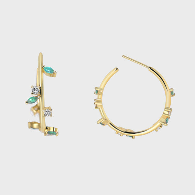 Elegant cubic zircon leaf gold plated copper hoop earrings