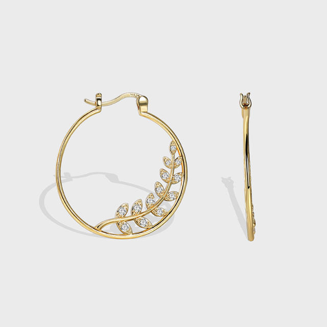 Delicate diamond leaf gold plated copper hoop earrings