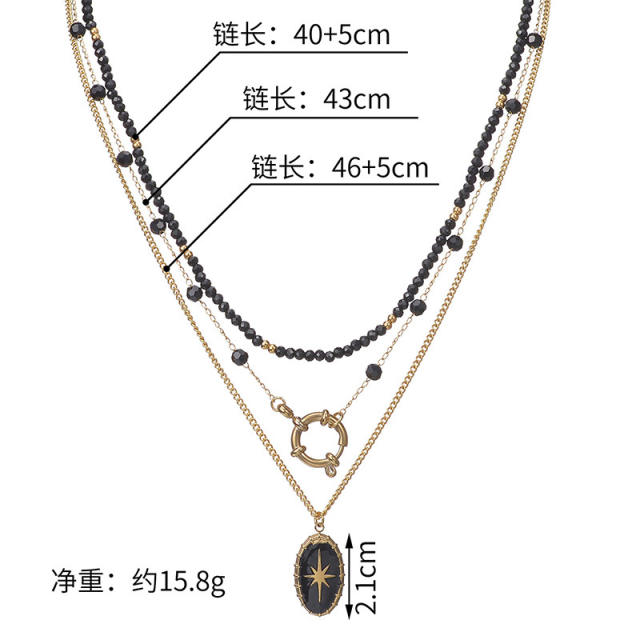 Vintage black bead multi layer stainless steel necklace