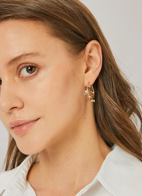 Elegant cubic zircon leaf gold plated copper hoop earrings