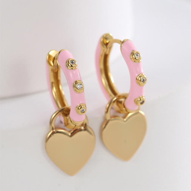 Sweet pink enamel heart copper huggie earrings