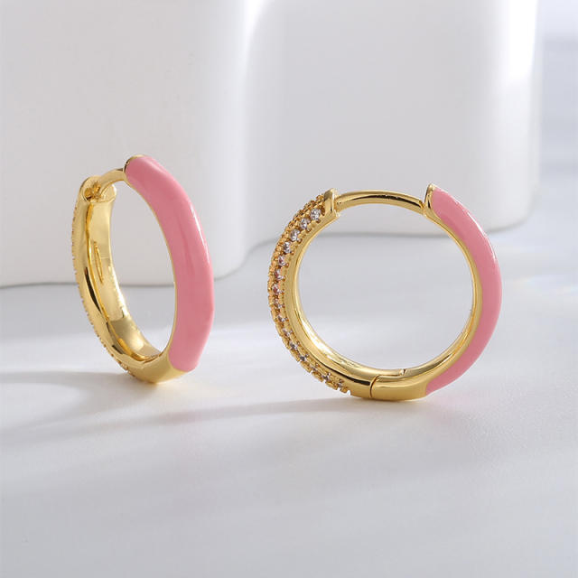 INS pink enamel cubic zircon copper huggie earrings