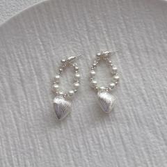 925 needle frost heart pearl bead jacket earrings