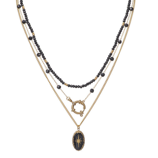 Vintage black bead multi layer stainless steel necklace