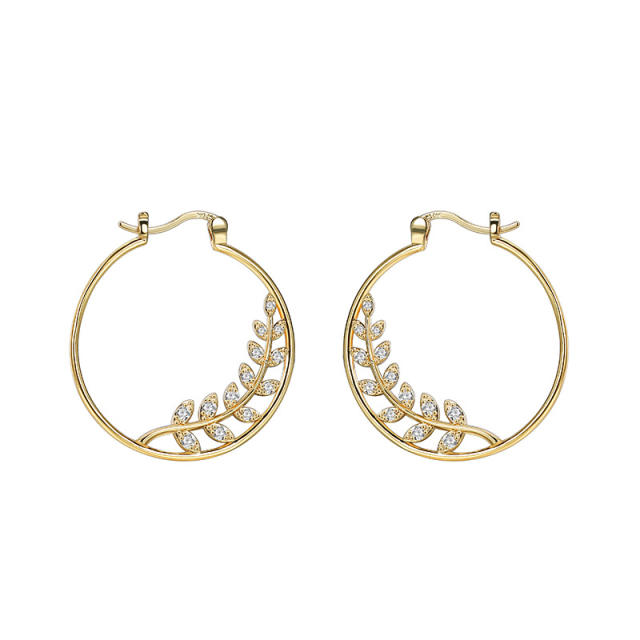 Delicate diamond leaf gold plated copper hoop earrings