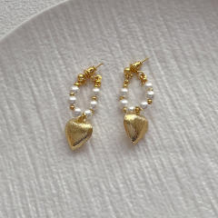 925 needle frost heart pearl bead jacket earrings