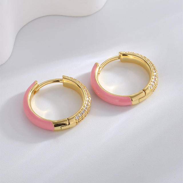 INS pink enamel cubic zircon copper huggie earrings