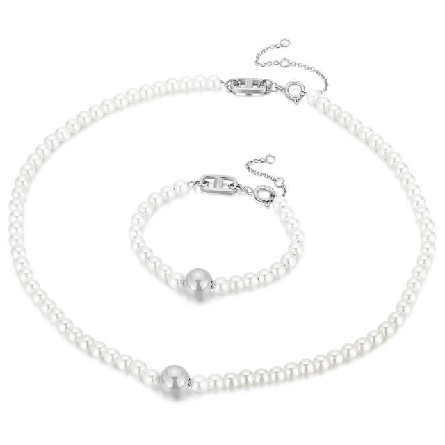 6mm pearl bead stainless steel heart necklace set