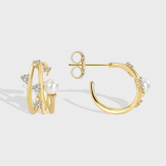 Personality three circle pearl cubic zircon copper studs earrings