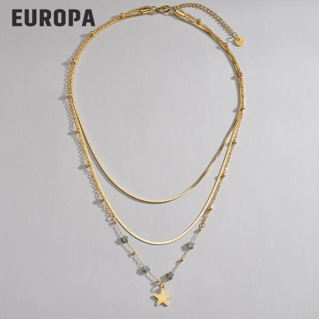 Three layer herringbone chain tiny star pendant stainless steel necklace