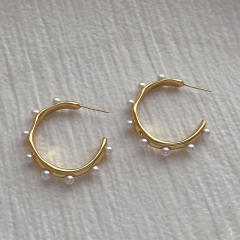 Simple pearl bead open hoop copper earrings