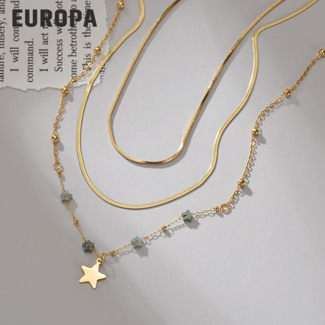Three layer herringbone chain tiny star pendant stainless steel necklace