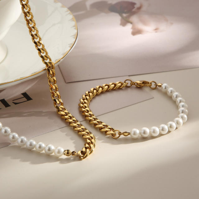 Stainless steel cuban link chain pearl bead Asymmetric necklace