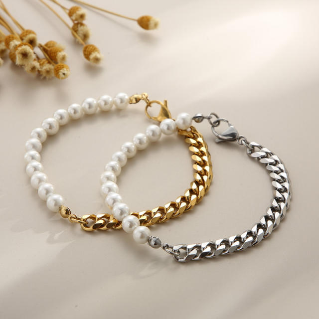 Stainless steel cuban link chain pearl bead Asymmetric necklace
