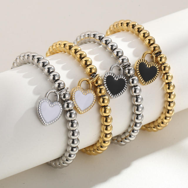 Black heart charm stainless steel bead slide bracelet