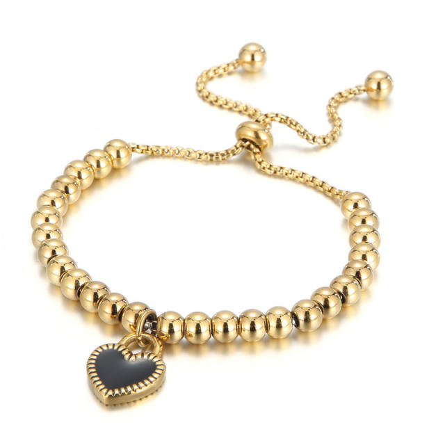 Black heart charm stainless steel bead slide bracelet