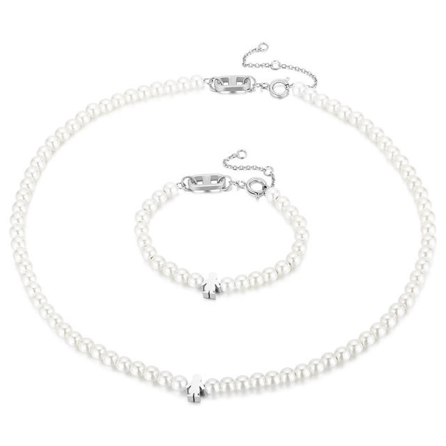 6mm pearl bead stainless steel heart necklace set