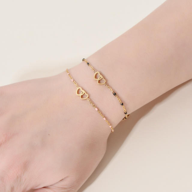 Boho hollow out heart enamel bead stainless steel bracelet for women
