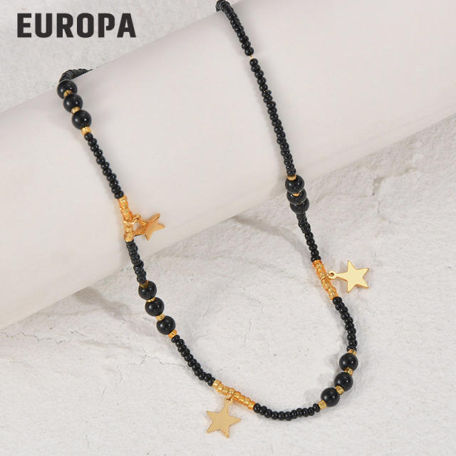 Summer colorful seed bead stainless steel star charm necklace