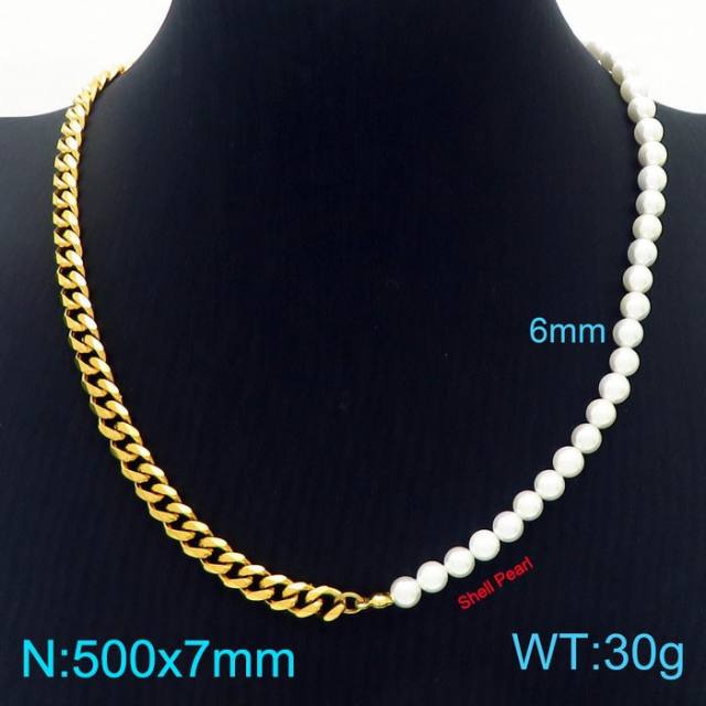 Stainless steel cuban link chain pearl bead Asymmetric necklace