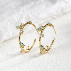 Elegant cubic zircon leaf gold plated copper hoop earrings