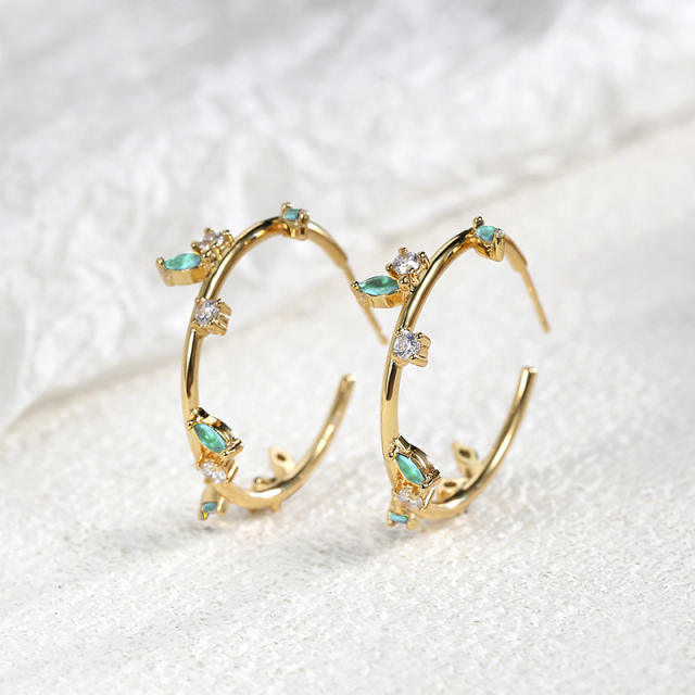 Elegant cubic zircon leaf gold plated copper hoop earrings