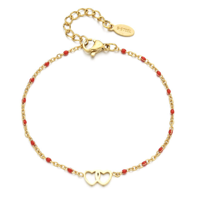 Boho hollow out heart enamel bead stainless steel bracelet for women