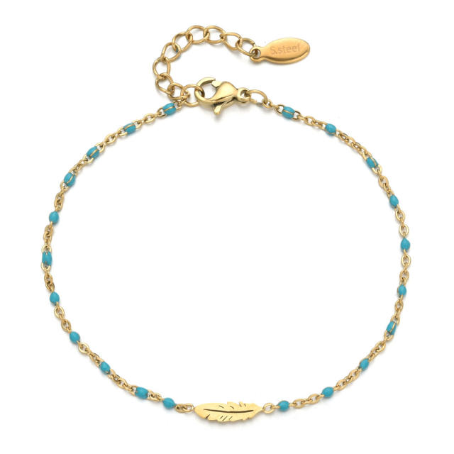 Boho colorful enamel bead tiny leaf stainless steel bracelet