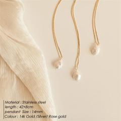 Dainty baroque pearl pendant stainless steel necklace