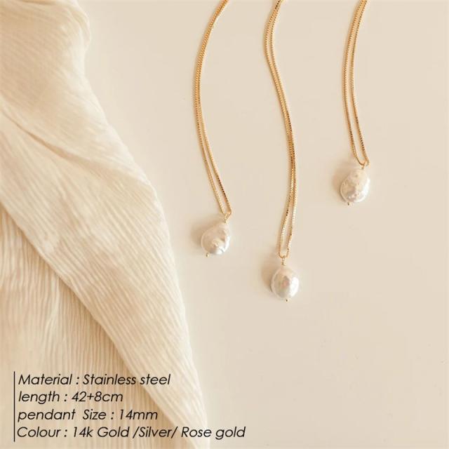 Dainty baroque pearl pendant stainless steel necklace