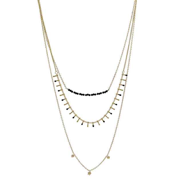 Vintage boho three layer dainty black bead stainless steel necklace