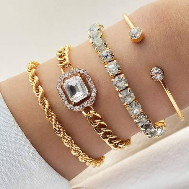 4pcs gold oclor rope chain rhinestone bracelet set