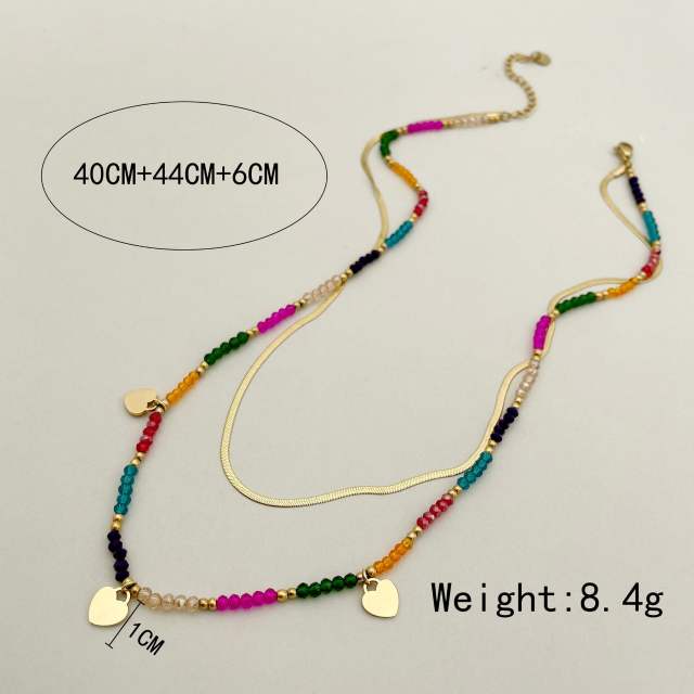 14K boho colorful bead two layer stainless steel chain necklace