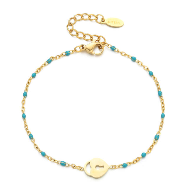 Boho color enamel bead heart lock stainless steel bracelet