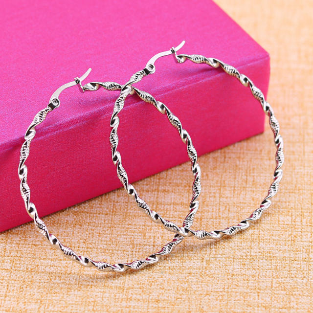 Simple big hoop twisted stainless steel earrings