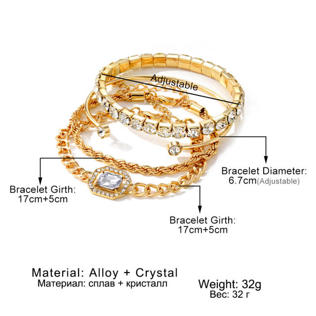 4pcs gold oclor rope chain rhinestone bracelet set