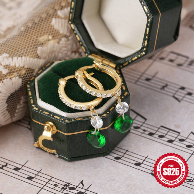 925 sterling silver emerald charm huggie earrings