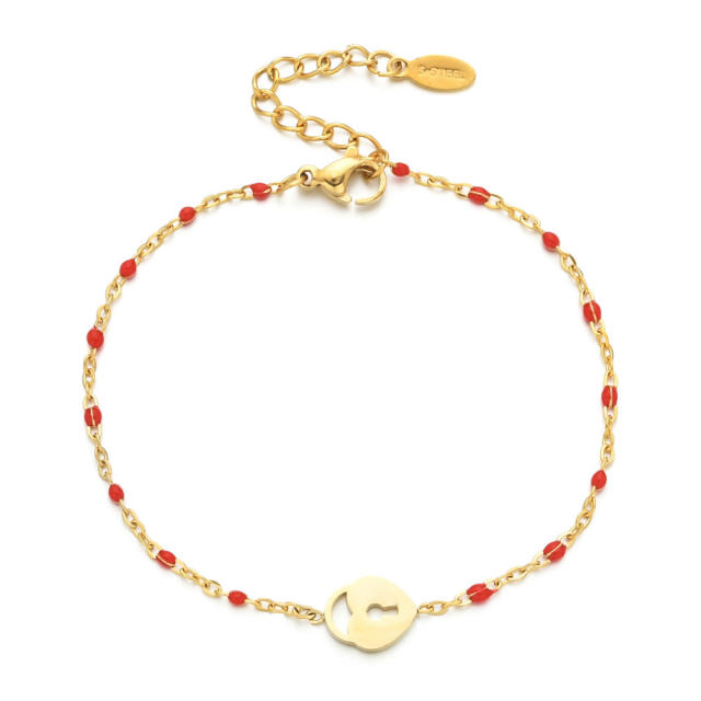 Boho color enamel bead heart lock stainless steel bracelet