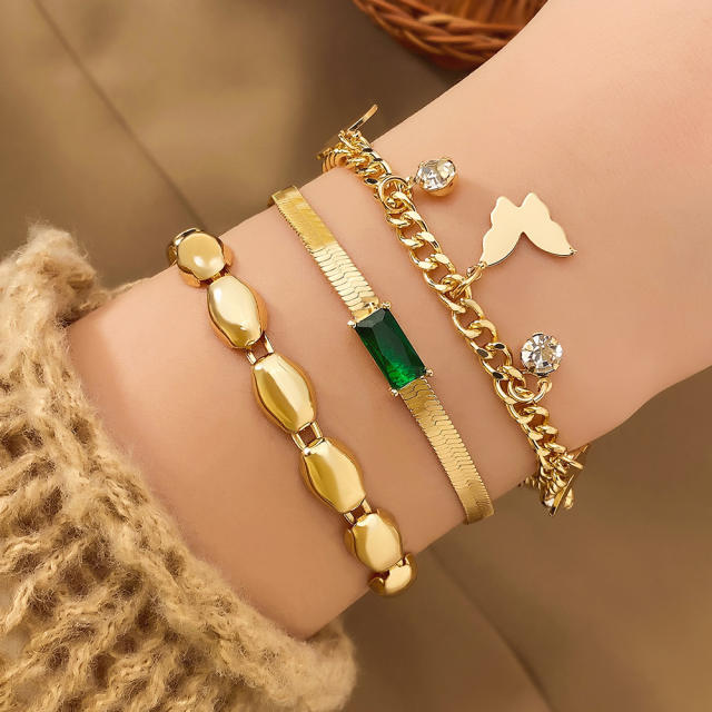 3pcs emerald rhinestone gold color butterfly charm bracelet set