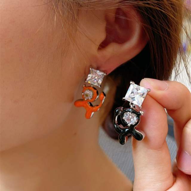Cute enamel puppy cubic zircon copper asymmetrical earrings