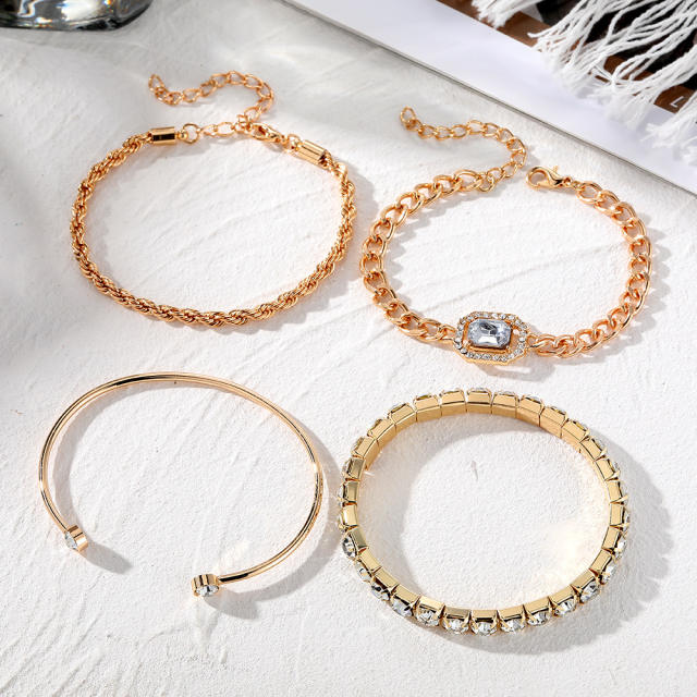 4pcs gold oclor rope chain rhinestone bracelet set