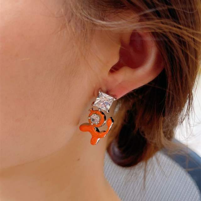 Cute enamel puppy cubic zircon copper asymmetrical earrings