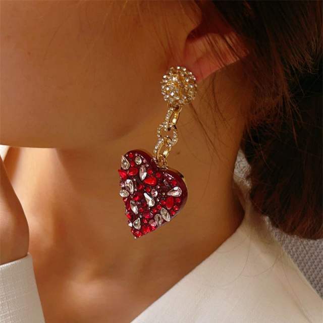 Vintage red rhinestone statement heart dangle earrings