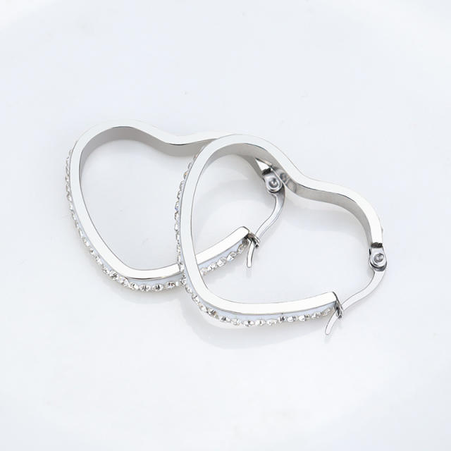 Hot sale diamond hoop heart stainless steel earrings