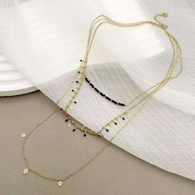 Vintage boho three layer dainty black bead stainless steel necklace