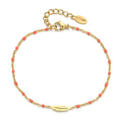 Boho colorful enamel bead tiny leaf stainless steel bracelet