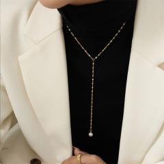 Simple concise pearl pendant stainless steel necklace lariats