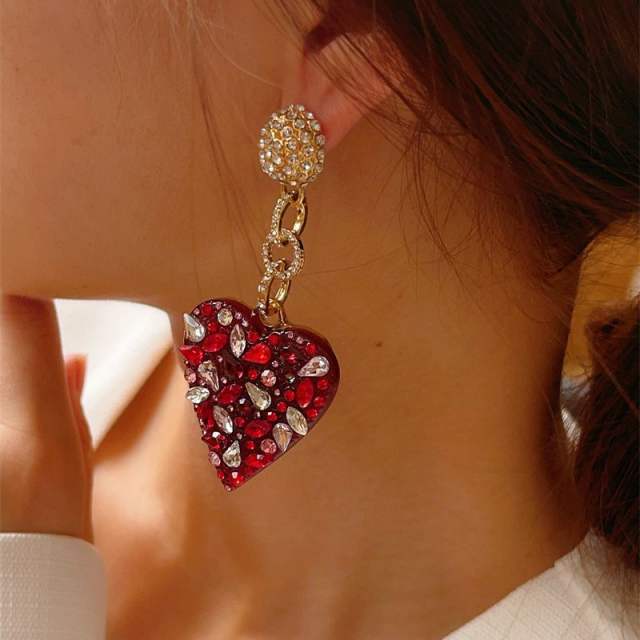 Vintage red rhinestone statement heart dangle earrings